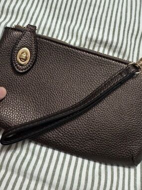 Metallic Brown Leather Wristlet with Gold Turn-Lock